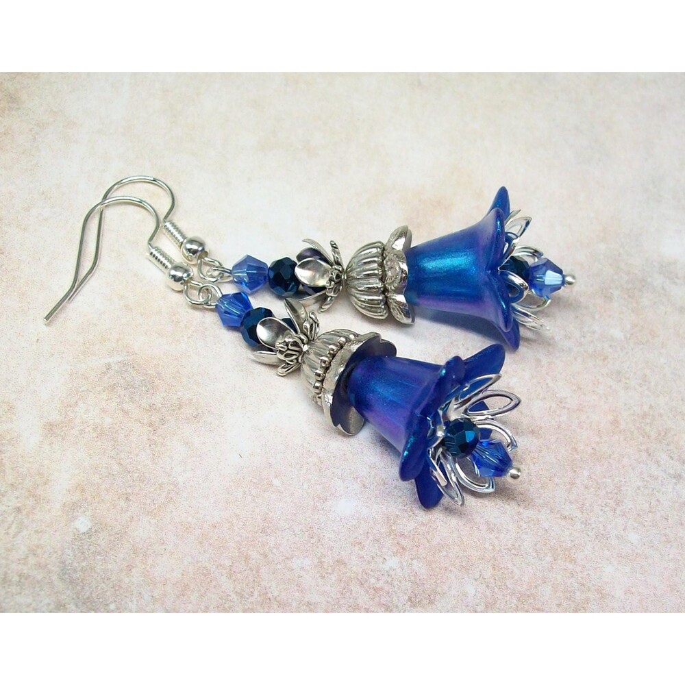 Boho Dangle Earrings Silver, Royal Blue, Hand Painted, Artisan Crafted Flower Je